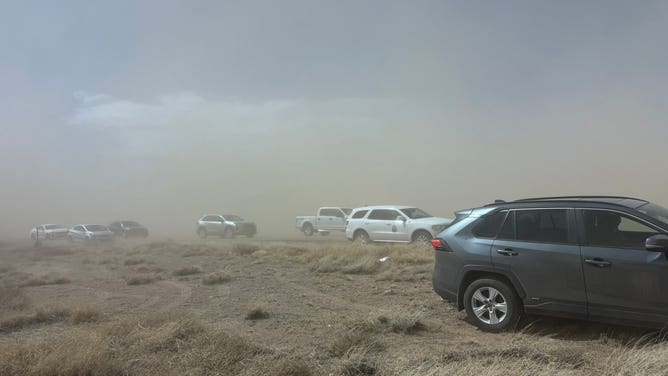 A dust storm covers I-25 in New Mexico on March 18, 2025.